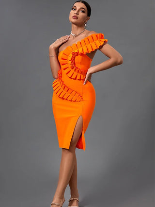 Ruffle Bandage Dress 2022 New Women Orange Bandage Dress Elegant Sexy One Shoulder Evening Club Party Dress High Quality Summer