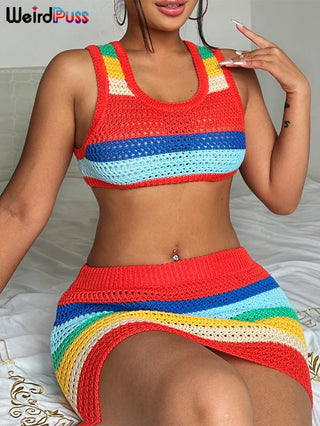 Colorful Knit Women 2Piece Set Patchwork Summer Skinny Stretch Tank Tops+Peach Hip Skirts Matching Streetwear Outfits