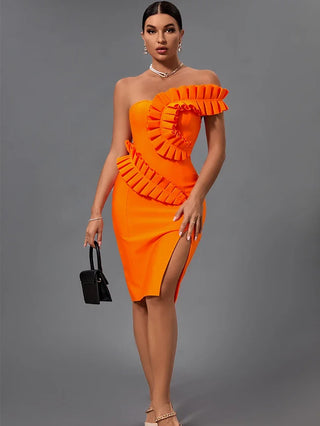 Ruffle Bandage Dress 2022 New Women Orange Bandage Dress Elegant Sexy One Shoulder Evening Club Party Dress High Quality Summer