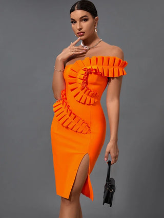 Ruffle Bandage Dress 2022 New Women Orange Bandage Dress Elegant Sexy One Shoulder Evening Club Party Dress High Quality Summer