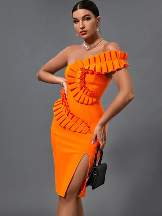 Ruffle Bandage Dress 2022 New Women Orange Bandage Dress Elegant Sexy One Shoulder Evening Club Party Dress High Quality Summer