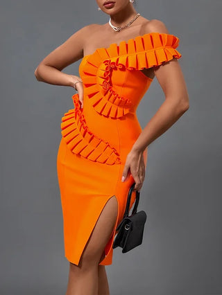 Ruffle Bandage Dress 2022 New Women Orange Bandage Dress Elegant Sexy One Shoulder Evening Club Party Dress High Quality Summer